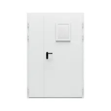 Дверь противопожарная металлическая двупольная дымогазонепроницаемая неравнопольная угловая коробка типа ДПР-Олимп-02/60 (EIS 60) с остеклением (1300-2050, Правая, RAL 7035)