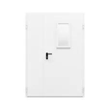 Дверь противопожарная металлическая двупольная ДПР-Олимп-02/60 (EI60) с остеклением неравнопольная угло-торцевая коробка (1400-2100, Правая, RAL 9016)